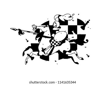 Illustration of Pawns perched. Vector illustration. Image is isolated on white background. Character in the cartoon style. Pawn on horseback with a spear. Poster, banner, mascot.