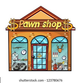 Illustration of a pawnshop on a white background