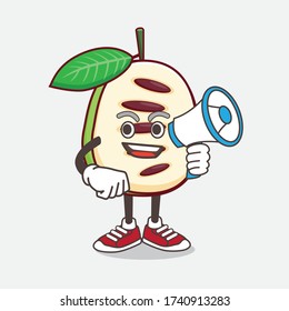 An illustration of Pawpaw Fruit cartoon mascot character holding a megaphone