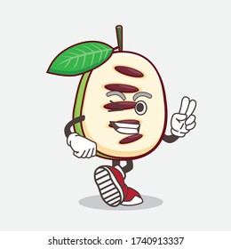 An illustration of Pawpaw Fruit cartoon mascot character with peace sign