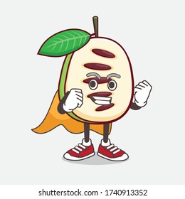An illustration of Pawpaw Fruit cartoon mascot character dressed as a Super hero