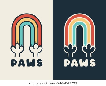 Illustration of paws creating a retro rainbow. Vintage retro design suitable for sticker and t shirt.