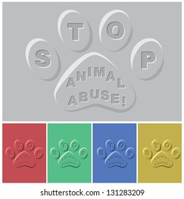 illustration of paws in different color sample with slogan - stop animal abuse inset. pets logo element