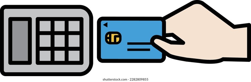 
Illustration to pay by inserting a light blue credit card into a card reader