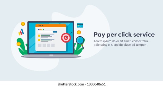 Illustration Of Pay Per Click Service, Search Engine Marketing, Paid Digital Advertising - Conceptual Vector With Icons And Texts