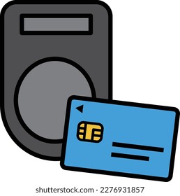 Illustration of paying by holding a light blue credit card over a card reader