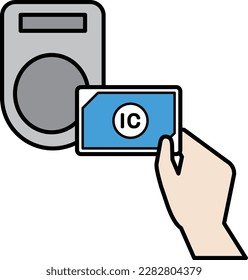 Illustration of paying by holding a light blue IC card over a card reader