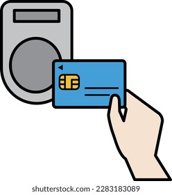 Illustration of paying by holding a light blue credit card over a card reader