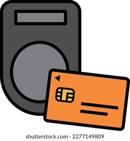 Illustration of paying by holding a orange color credit card over a card reader