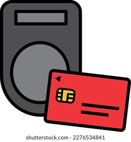 Illustration of paying by holding a red credit card over a card reader