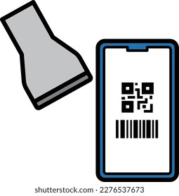 Illustration of paying by reading a barcode with a scanner. Light blue smartphone