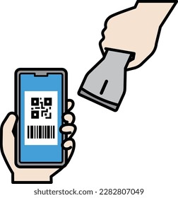 
Ilustración de pago leyendo el código bidimensional y código de barras mostrados en la pantalla del smartphone con un escáner
