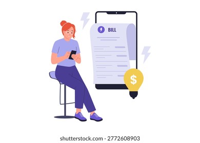 Illustration of Paying Electricity Utility Bill via Mobile Phone. A woman paying her electricity bill using a mobile app, illustrated with a lightbulb icon and energy symbols for clear financial context