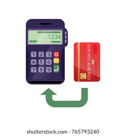 Illustration of payment process with credit card through POS-terminal. Easy method buying goods in store. Entering PIN code. Isolated flat vector