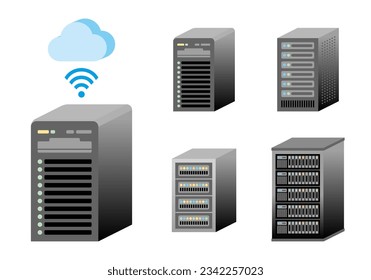 Illustration of PC server, server rack, rental server, and cloud server.