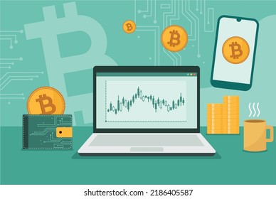 Illustration von PCs mit Bitcoin-Trading-Graphen. Investitionskonzept-Illustration

