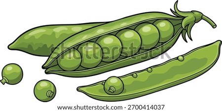 Illustration of pea pods, some open, revealing green peas, with a white background