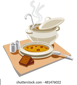 illustration of pea soup with croutons and bread