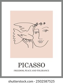 illustration of peace bird and girl in Picasso style. Picasso poster. Art imitating Picasso's lines. Exhibition of wall paintings and modern art prints.