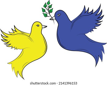 illustration of peaceful blue and yellow doves isolated on white