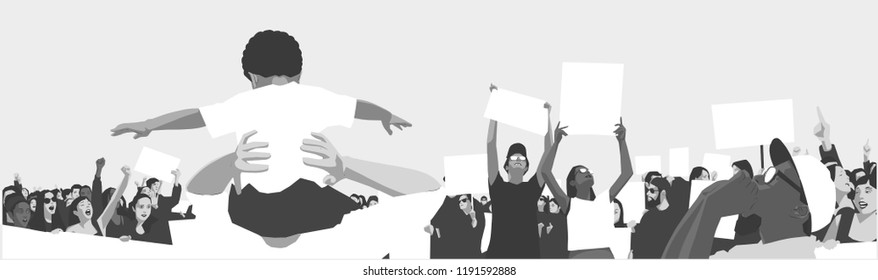 Illustration Of Peaceful Crowd Protest With Children And Students Holding Blank Signs And Banners