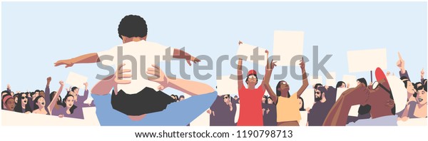Illustration of peaceful crowd protest\
with children and students holding blank signs and\
banners