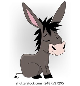 An illustration of a peaceful donkey with a black mane, sitting and resting with its eyes closed. The donkey has a serene expression