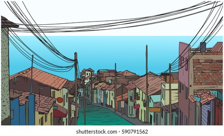 Illustration of peaceful fishing village by the seaside in color