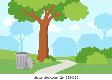 Illustration of a Peaceful Park Scene with Trees, Bushes, and a Path on Sunny Day