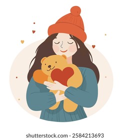 Illustration of a peaceful, smiling girl in a warm beanie, holding a teddy bear with a red heart, surrounded by hearts and cheerful accents