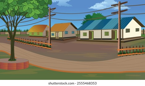 Illustration of a peaceful village scene with houses, trees, and utility poles under a clear blue sky