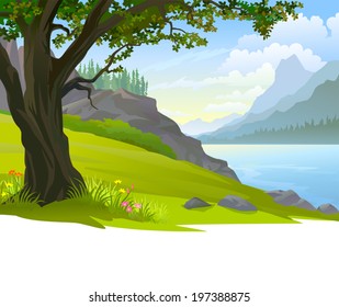 An illustration of a peaceful water body next to green filed, trees & mountains
