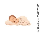 Illustration of a peacefully sleeping baby wrapped in a soft, beige blanket, lying on a pillow. The baby