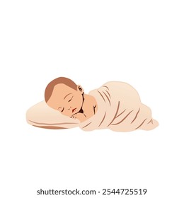 Illustration of a peacefully sleeping baby wrapped in a soft, beige blanket, lying on a pillow. The baby's serene expression and cozy swaddle create a heartwarming and gentle scene,