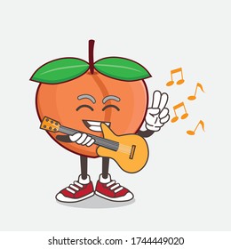 An illustration of Peach Fruit cartoon mascot character playing a guitar