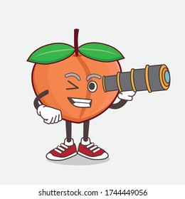 An illustration of Peach Fruit cartoon mascot character using a monocular
