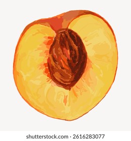 Illustration of a peach half with a visible pit. The peach is vibrant, with shades of orange and yellow. The peach pit is centered, adding texture to the peach image. Vintage fruit illustration vector