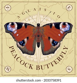 Illustration of a peacock eye butterfly with open wings on a background of old map and compass drawing. Vector banner in retro style