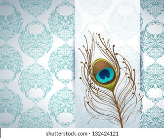 Illustration of peacock feather and ornamental wallpaper