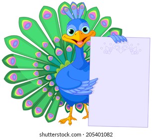 Illustration of peacock is holding a placard with open beautiful tail.