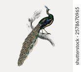 Illustration of a peacock perched on a branch. Peacock