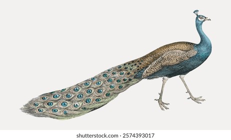 Illustration of a peacock with tail feathers. Peacock displays colorful plumage. Elegant peacock with intricate feather patterns. Peacock standing gracefully. Vintage animal illustration, vector.