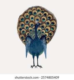 Illustration of a peacock with vibrant feathers. Peacock displays colorful plumage. Peacock stands proudly with feathers spread wide. Isolated vintage art illustration, vector element.