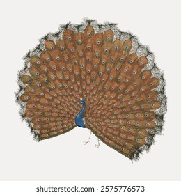 Illustration of a peacock with vibrant feathers spread wide. The peacock's colorful plumage is detailed, showcasing its majestic and elegant appearance. Vintage art drawing illustration vector.