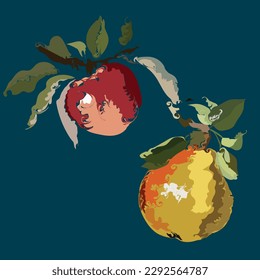 Illustration of a pear and apple on a branch on a beautiful blue background for your ideas and designs