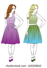 Illustration of a pear body type woman in different dresses, line art style .