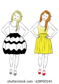 Illustration of a pear body type woman in different dresses, line art style .