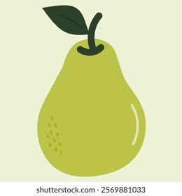 Illustration of a pear with leaf. A large, round, firm fruit when ripe that grows on a pear tree and is a member of the genus Pyrus.