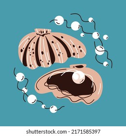 Illustration pearl in clam shell in cartoon style  A string pearls turquoise background and shell in which pearls form  Luxurious jewelry for connoisseurs precious things 