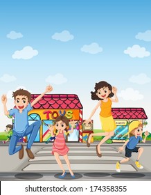 Illustration of a pedestrian lane with a happy family